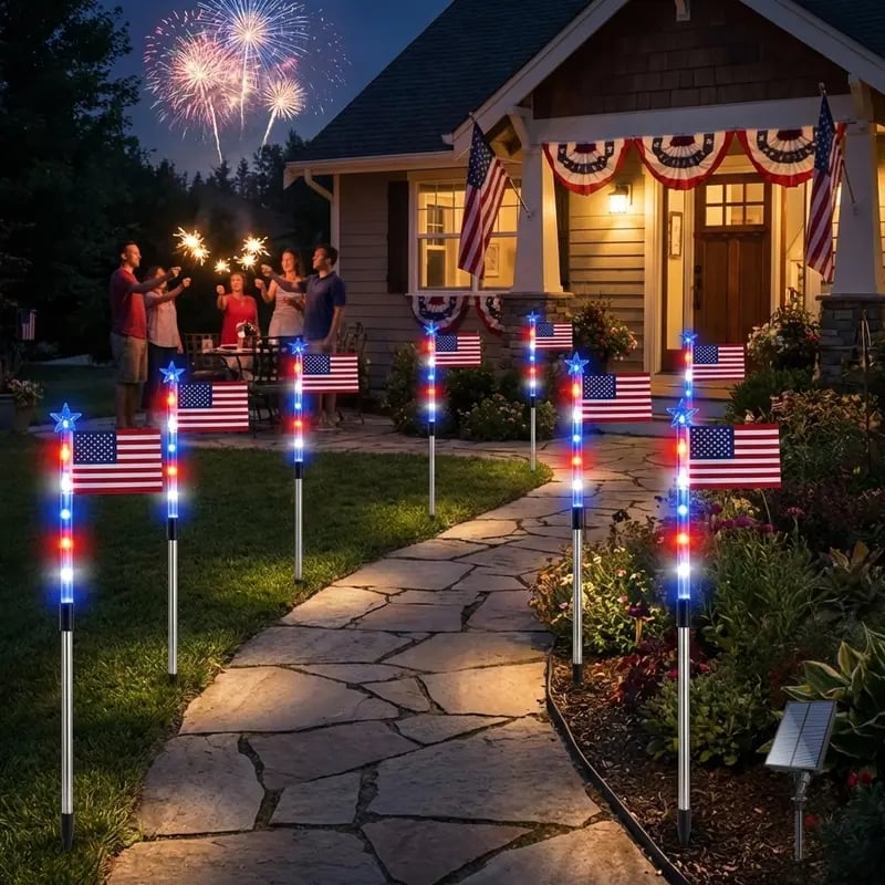 🌟🌟Last Day 49% OFF - 8 Solar American Flag Pathway Lights – Red, White & Blue Yard Glow for 250th Independence Celebration 🇺🇸✨