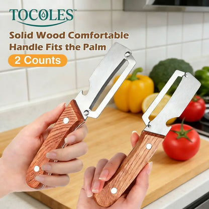 Wooden-Handled Stainless Steel Sharp Peeler with Built-In Bottle Opener for Fruits & Vegetables