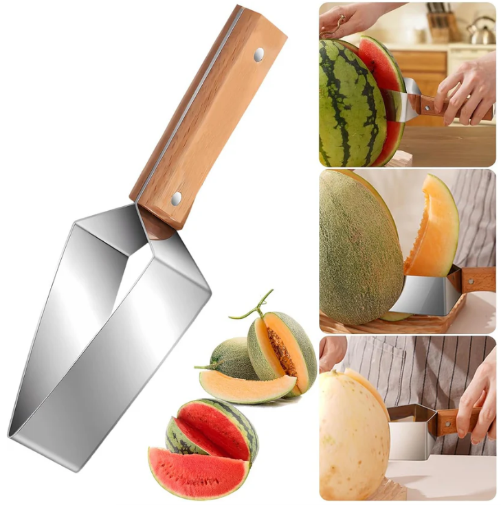 Triangle Watermelon Cutter Stainless Steel with Wooden Handle - Melon Slicer Fruit Cutter for Kitchen Gadgets