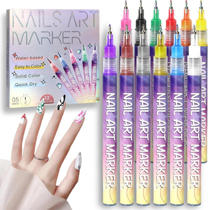 🌈12-Color Nail Art Marker Set – Quick-Drying Acrylic Pens for DIY Manicures & Easy 3D Designs, Ideal for Beginners