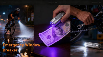 🔦Pocket Rechargeable EDC Flashlight:  Mini Keychain Light with Fire Starter & Window Breaker