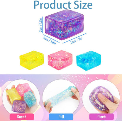 4pcs Glitter Ice Cube Stress Balls, ColorfulIce Cube Fidget Toy, Sensory Squishy Fidget Toys, Cube Anxiety Stress Relief Fidget Toy, Stress Balls for Kids and Adults