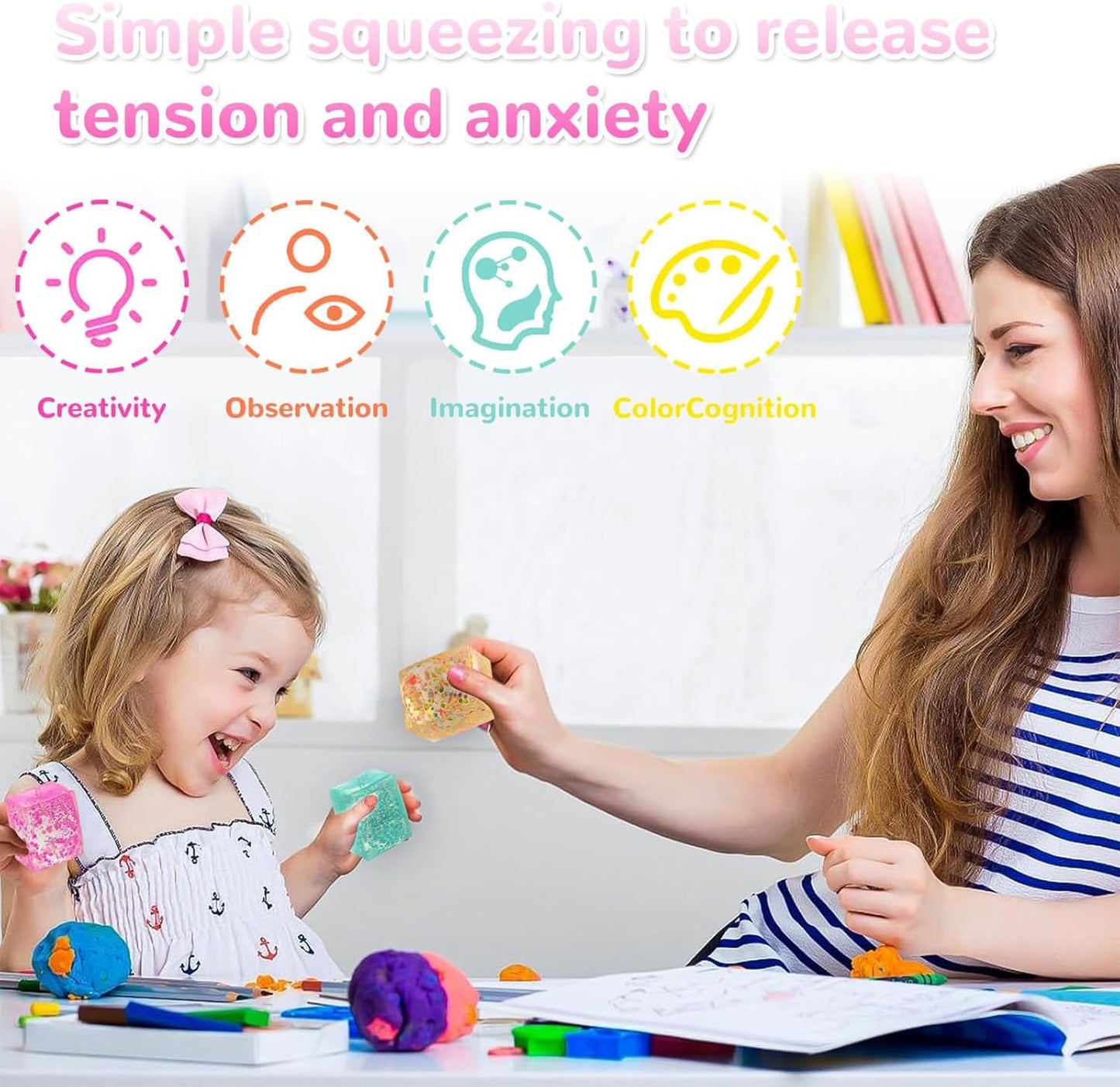 4pcs Glitter Ice Cube Stress Balls, ColorfulIce Cube Fidget Toy, Sensory Squishy Fidget Toys, Cube Anxiety Stress Relief Fidget Toy, Stress Balls for Kids and Adults