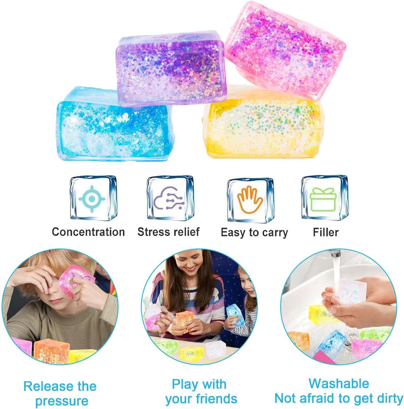 4pcs Glitter Ice Cube Stress Balls, ColorfulIce Cube Fidget Toy, Sensory Squishy Fidget Toys, Cube Anxiety Stress Relief Fidget Toy, Stress Balls for Kids and Adults