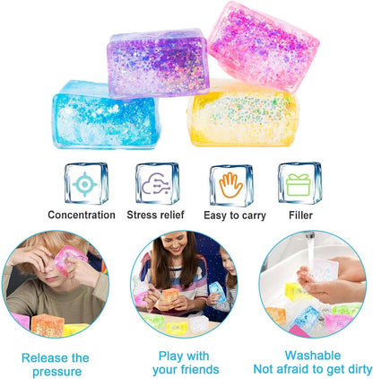 4pcs Glitter Ice Cube Stress Balls, ColorfulIce Cube Fidget Toy, Sensory Squishy Fidget Toys, Cube Anxiety Stress Relief Fidget Toy, Stress Balls for Kids and Adults