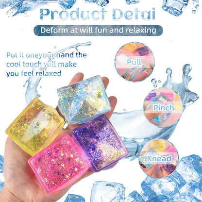 4pcs Glitter Ice Cube Stress Balls, ColorfulIce Cube Fidget Toy, Sensory Squishy Fidget Toys, Cube Anxiety Stress Relief Fidget Toy, Stress Balls for Kids and Adults