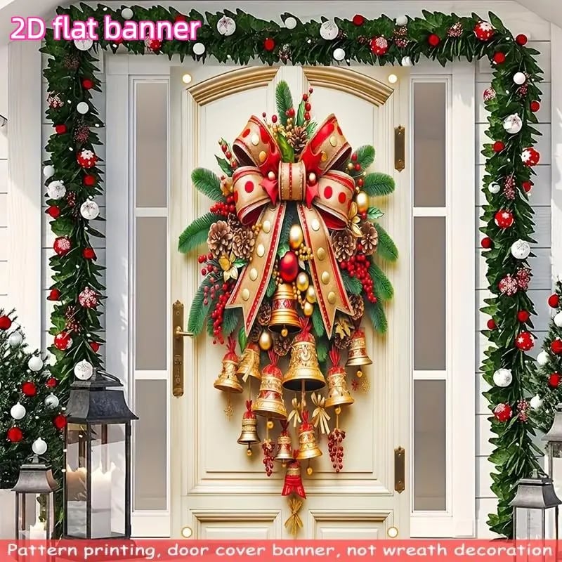 🎄Golden Christmas Bells & Wreath Door Cover - 35.4" x 70.8"