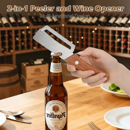 Wooden-Handled Stainless Steel Sharp Peeler with Built-In Bottle Opener for Fruits & Vegetables