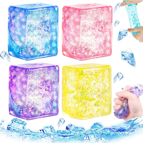 4pcs Glitter Ice Cube Stress Balls, ColorfulIce Cube Fidget Toy, Sensory Squishy Fidget Toys, Cube Anxiety Stress Relief Fidget Toy, Stress Balls for Kids and Adults