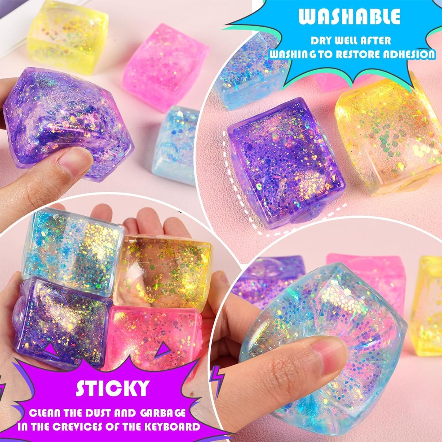4pcs Glitter Ice Cube Stress Balls, ColorfulIce Cube Fidget Toy, Sensory Squishy Fidget Toys, Cube Anxiety Stress Relief Fidget Toy, Stress Balls for Kids and Adults