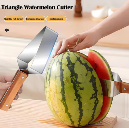 Triangle Watermelon Cutter Stainless Steel with Wooden Handle - Melon Slicer Fruit Cutter for Kitchen Gadgets