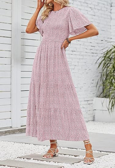 🌷Early Summer Sale-50% Off🌸2026 Summer Casual Floral Print Short Flutter Sleeve Crew Neck Smocked High Waist Flowy Maxi Dress