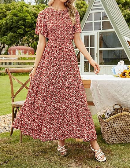🌷Early Summer Sale-50% Off🌸2026 Summer Casual Floral Print Short Flutter Sleeve Crew Neck Smocked High Waist Flowy Maxi Dress