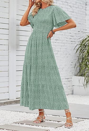 🌷Early Summer Sale-50% Off🌸2026 Summer Casual Floral Print Short Flutter Sleeve Crew Neck Smocked High Waist Flowy Maxi Dress
