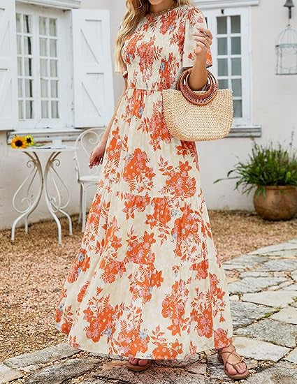 🌷Early Summer Sale-50% Off🌸2026 Summer Casual Floral Print Short Flutter Sleeve Crew Neck Smocked High Waist Flowy Maxi Dress