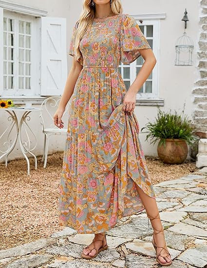 🌷Early Summer Sale-50% Off🌸2026 Summer Casual Floral Print Short Flutter Sleeve Crew Neck Smocked High Waist Flowy Maxi Dress