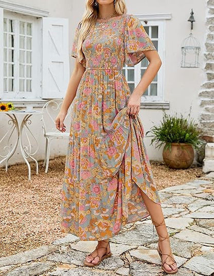 🌷Early Summer Sale-50% Off🌸2026 Summer Casual Floral Print Short Flutter Sleeve Crew Neck Smocked High Waist Flowy Maxi Dress