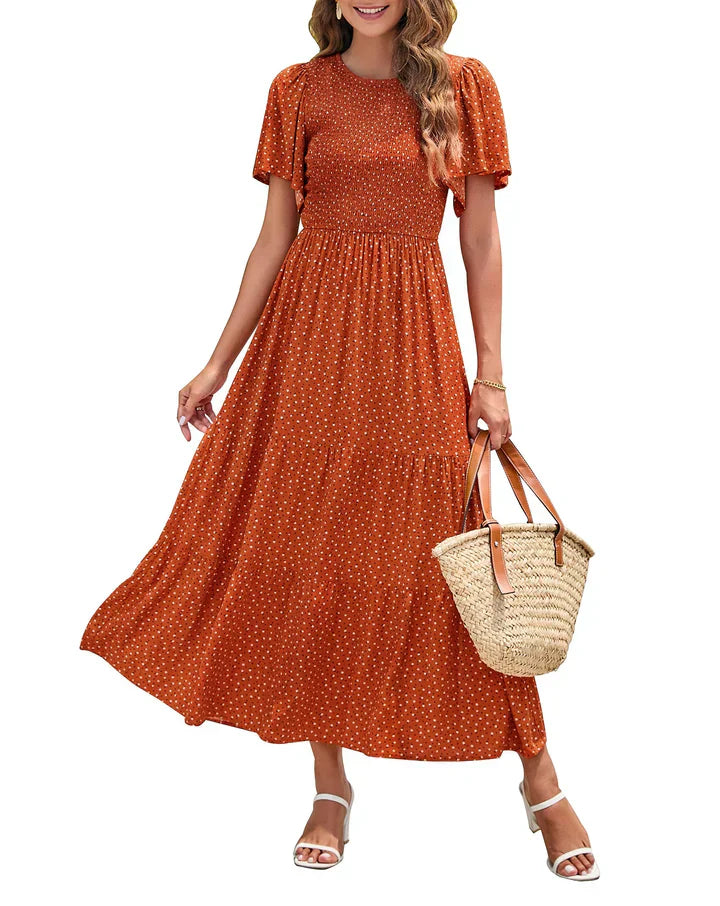 🌷Early Summer Sale-50% Off🌸2026 Summer Casual Floral Print Short Flutter Sleeve Crew Neck Smocked High Waist Flowy Maxi Dress