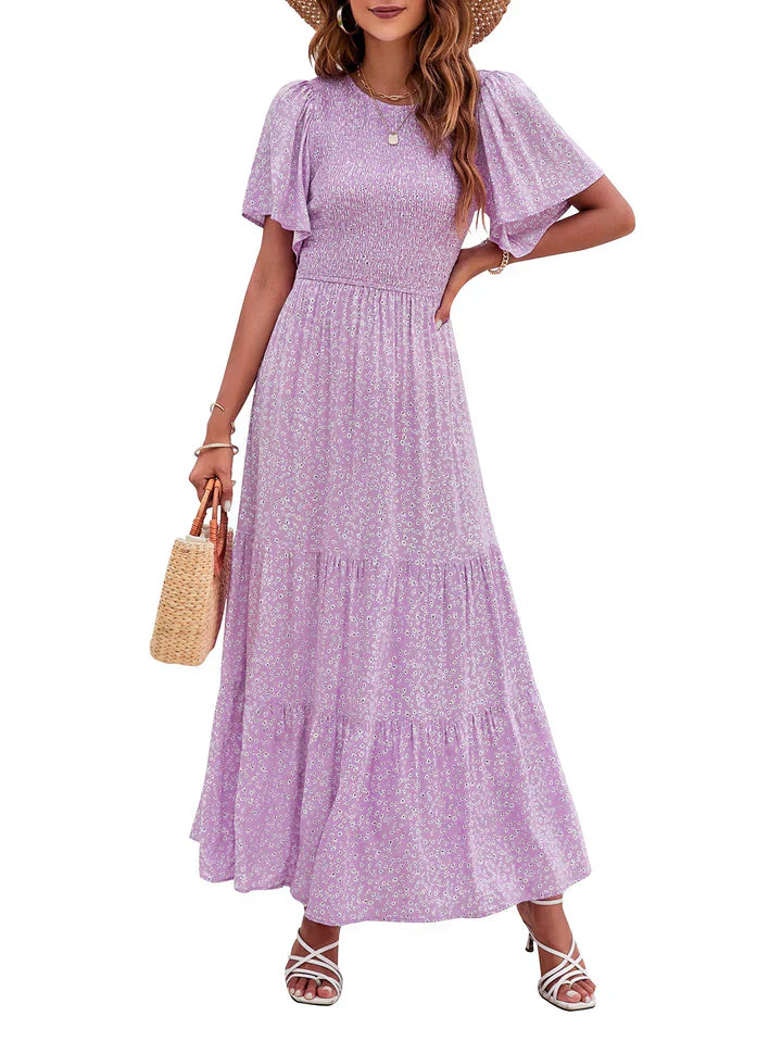 🌷Early Summer Sale-50% Off🌸2026 Summer Casual Floral Print Short Flutter Sleeve Crew Neck Smocked High Waist Flowy Maxi Dress