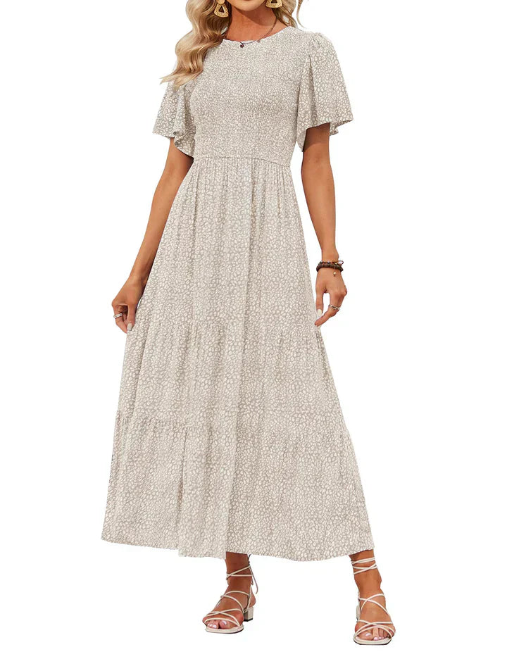 🌷Early Summer Sale-50% Off🌸2026 Summer Casual Floral Print Short Flutter Sleeve Crew Neck Smocked High Waist Flowy Maxi Dress