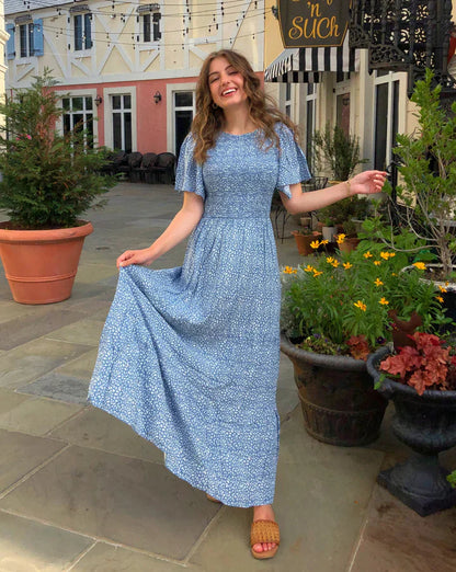 🌷Early Summer Sale-50% Off🌸2026 Summer Casual Floral Print Short Flutter Sleeve Crew Neck Smocked High Waist Flowy Maxi Dress