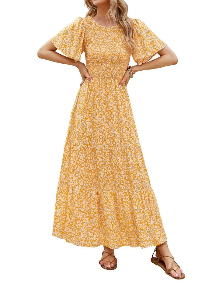 🌷Early Summer Sale-50% Off🌸2026 Summer Casual Floral Print Short Flutter Sleeve Crew Neck Smocked High Waist Flowy Maxi Dress