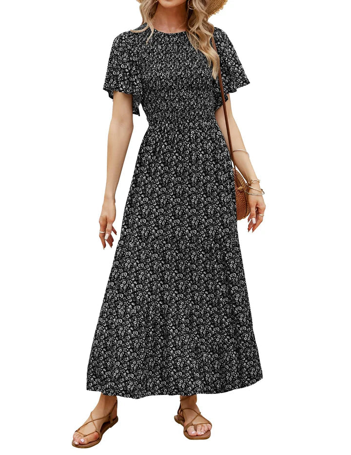 🌷Early Summer Sale-50% Off🌸2026 Summer Casual Floral Print Short Flutter Sleeve Crew Neck Smocked High Waist Flowy Maxi Dress