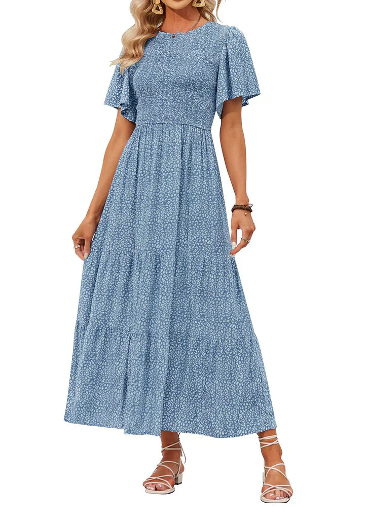 🌷Early Summer Sale-50% Off🌸2026 Summer Casual Floral Print Short Flutter Sleeve Crew Neck Smocked High Waist Flowy Maxi Dress