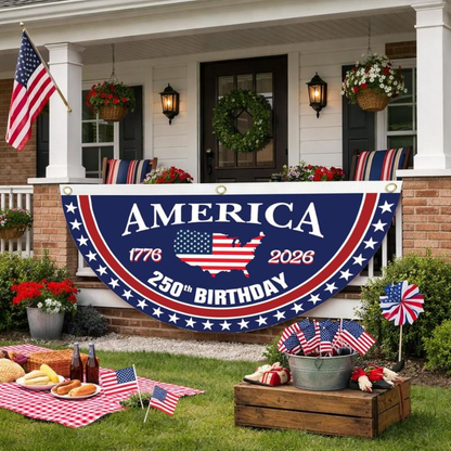 America 250th Birthday Semicircular Flag Banner 1776–2026 Patriotic Bunting, USA Independence Day Porch Decor Flag, Fourth Of July Patriotic Half Fan Flag Decoration For Porch Fence Yard