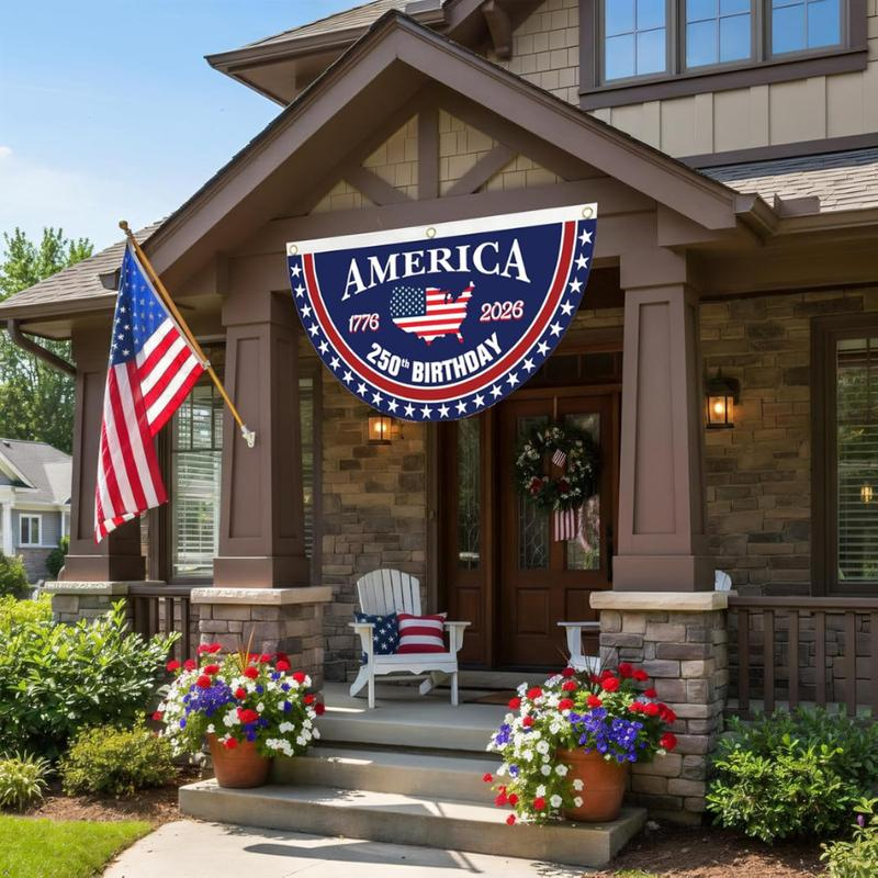 America 250th Birthday Semicircular Flag Banner 1776–2026 Patriotic Bunting, USA Independence Day Porch Decor Flag, Fourth Of July Patriotic Half Fan Flag Decoration For Porch Fence Yard