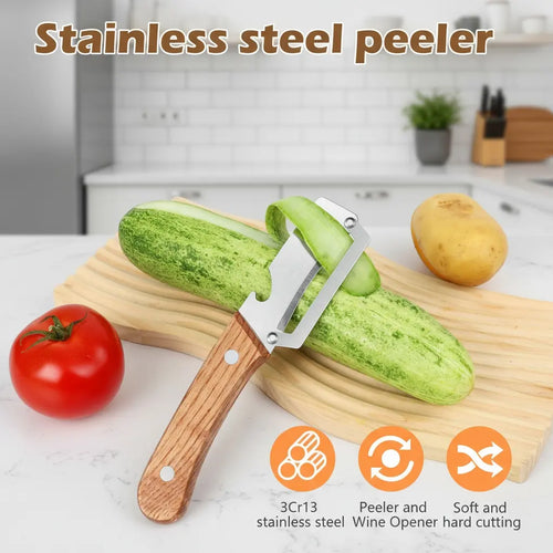 Wooden-Handled Stainless Steel Sharp Peeler with Built-In Bottle Opener for Fruits & Vegetables