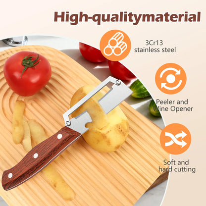 Wooden-Handled Stainless Steel Sharp Peeler with Built-In Bottle Opener for Fruits & Vegetables