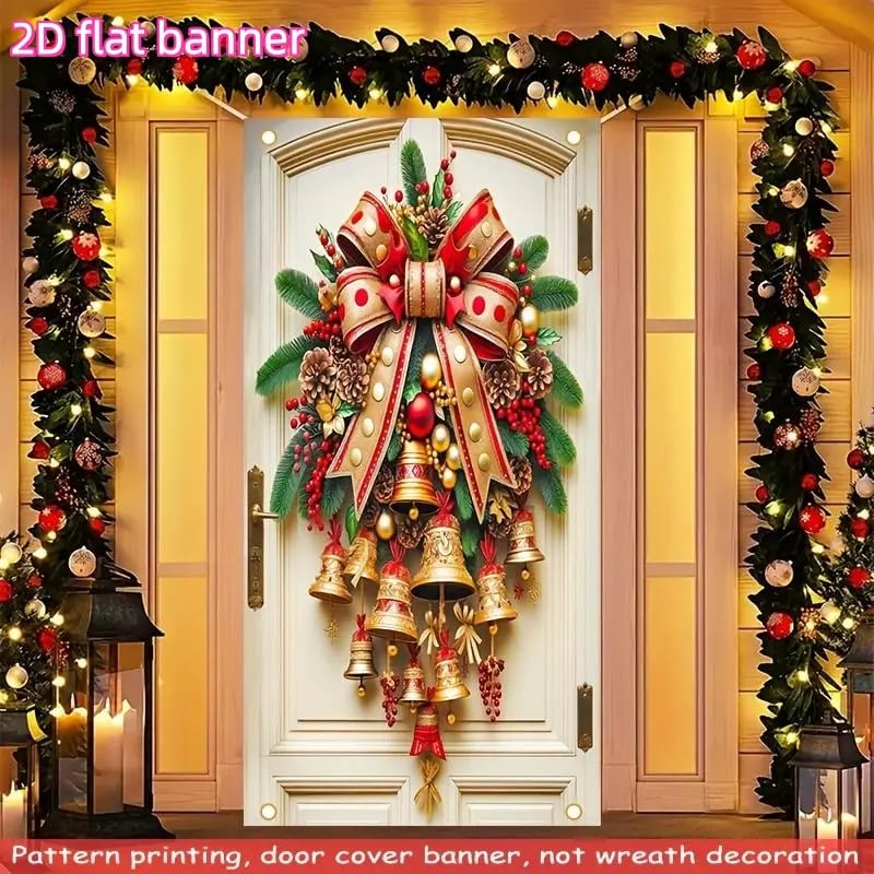 🎄Golden Christmas Bells & Wreath Door Cover - 35.4" x 70.8"