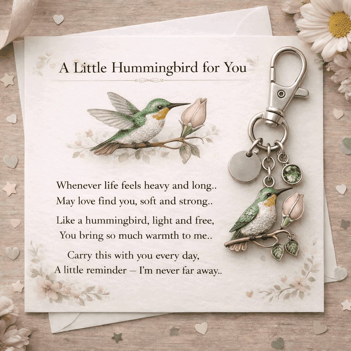 A Little Hummingbird for You keychain-Month Gift Filled with Love, Comfort & Protection.